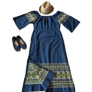 Vintage Embroidered Aztec Print Maxi Dress